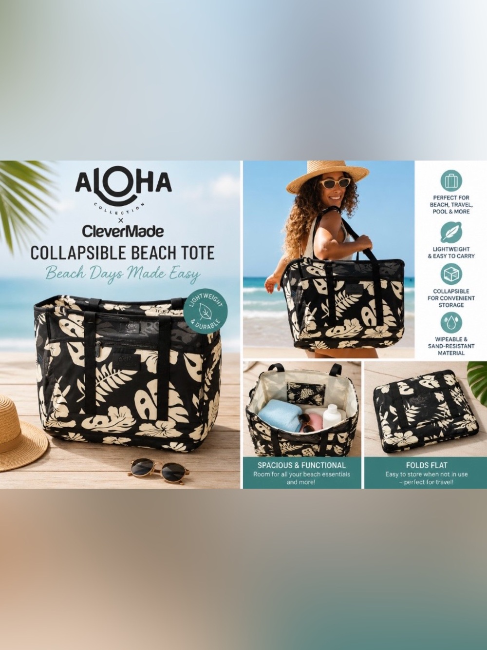 🌴 Aloha Collection CleverMade Collapsible Beach Tote